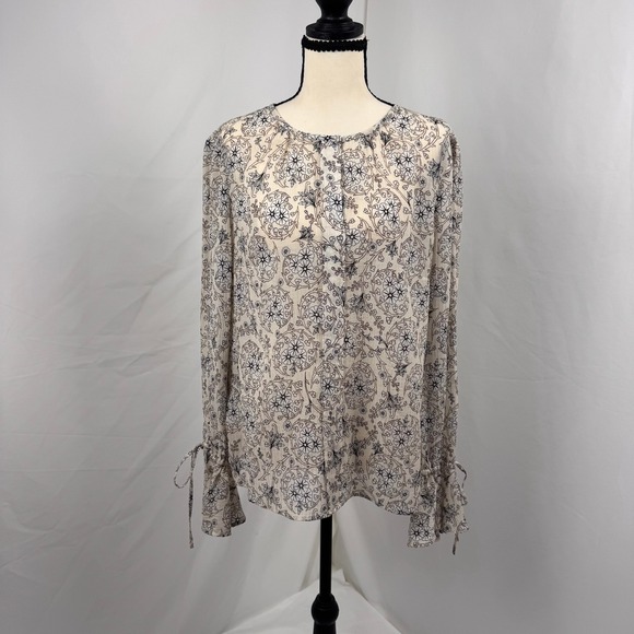 Derek Lam 10 Crosby Tops - Derek Lam 10 Crosby Blouse Womens 10 Cream 100% Silk Floral Tie Cuff Long Sleeve